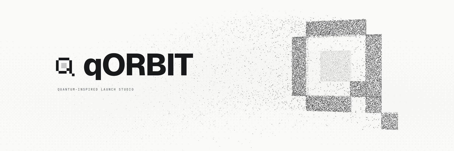 qORBIT wordmark on a white banner with its Q logo dispersing into fine graphite dots